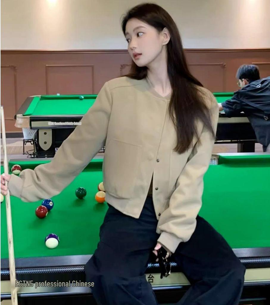 Petite Women's Khaki Short Baseball Jacket - Casual Loose Fit for Autumn and Winter