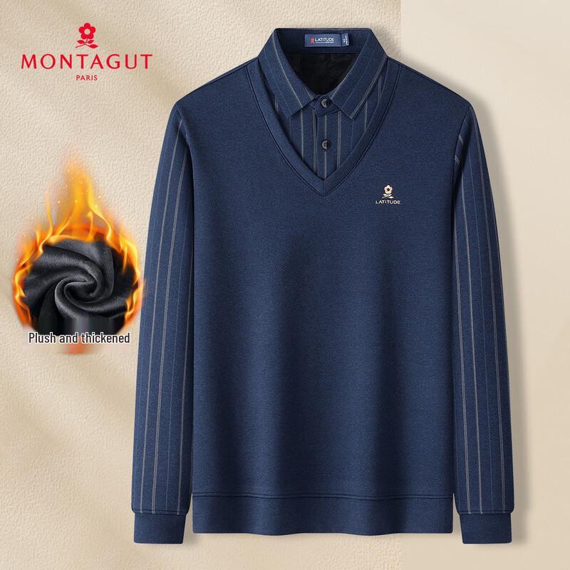 MONTAGUT Men s Faux Two-Piece Shirt Collar Fleece-Lined Polo T-Shirt 48