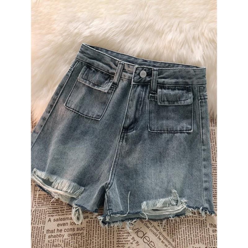High-Waisted Distressed Denim Shorts Women A-Line Wide-Leg Crop Pants 2025 Trendy Streetwear XS