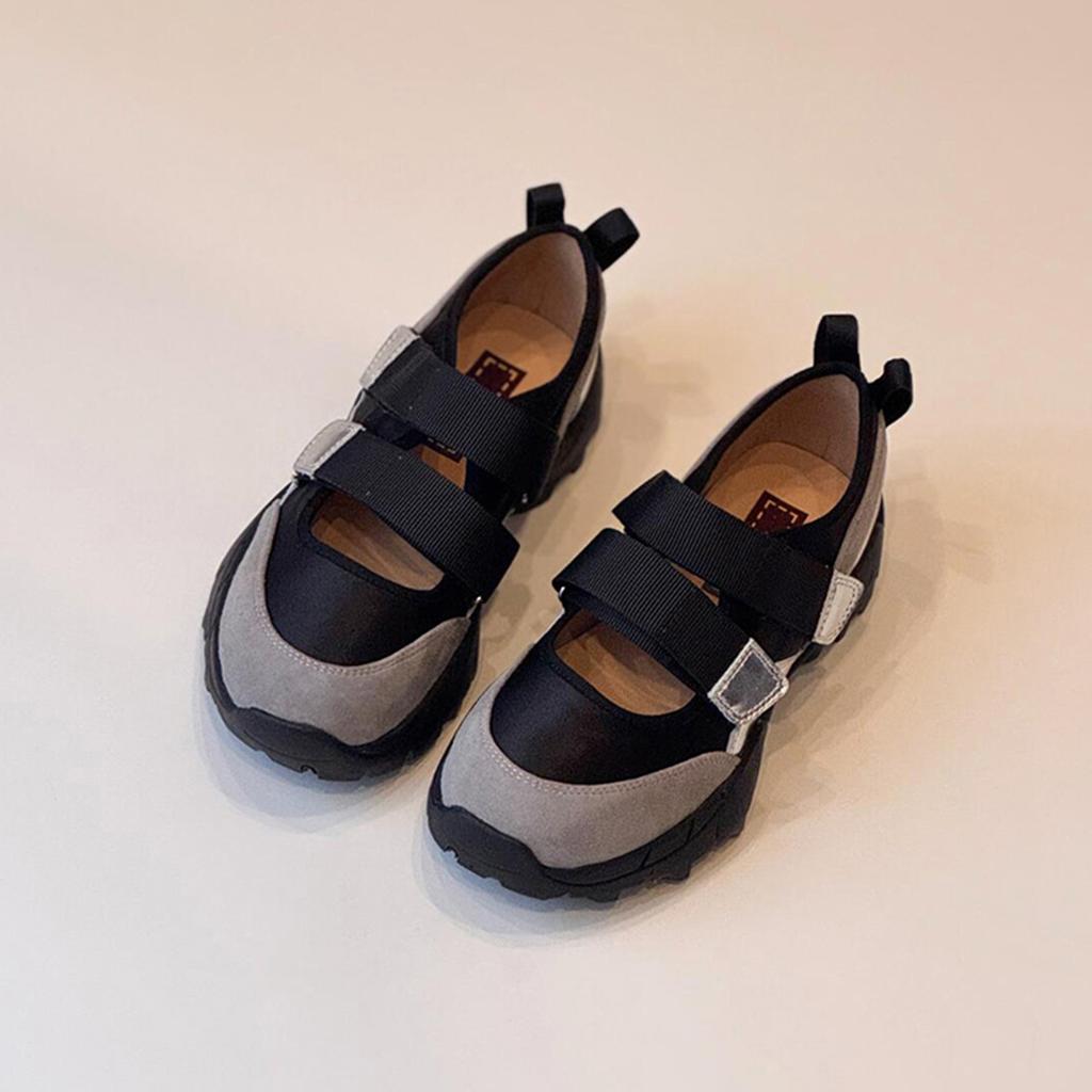 Sheepskin version~ Retro sports versatile Velcro thick sole inner height increase leather round head ballet Mary Jane single shoes