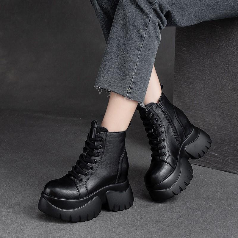 Johnature Pravá kůže Silná podrážka Dámské Kozačky Retro Kulatá špička Boční Zip Klínky Boty na platformě