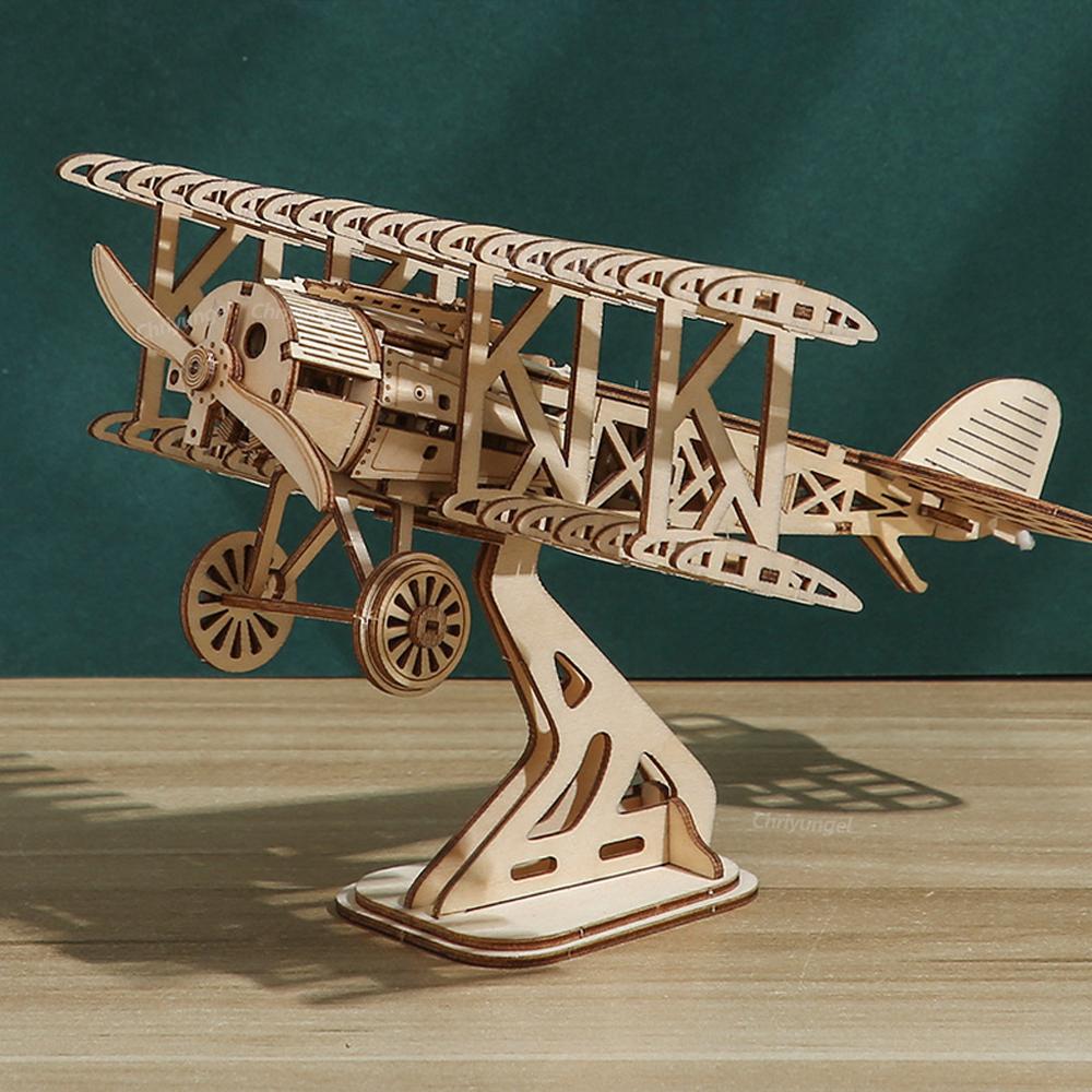 3D Wooden Puzzle Bi-Plane Aircraft Model Kits DIY Assembly 3D Puzzle for Adults Teens Brain Teaser Home Decor Crafts