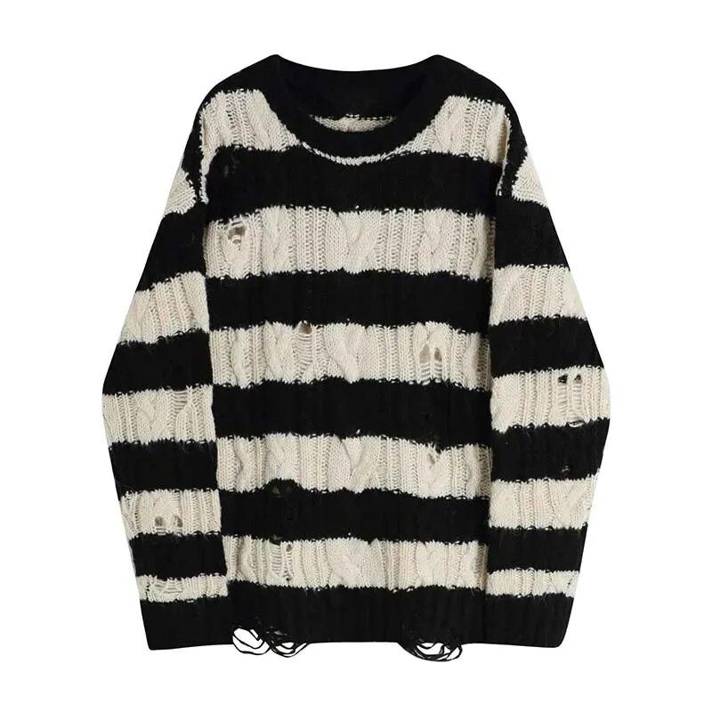 

Нерегулярный рваный свитер в стиле панк, женский полосатый трикотажный пуловер, свободный длинный рукав, круглый вырез, пуловер, пальто, корейская мода L чёрный