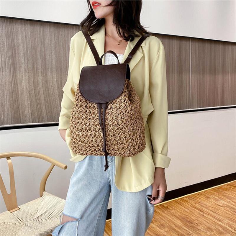 Yogodlns New Women's Backpack Crochet Paper Rope Braided Drawstring Women's Straw Backpack Summer Travel Outing Ladies Woven Backpack