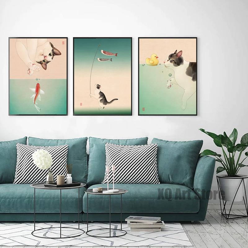 Arte de animais engraçados adoráveis, gato brincando com peixes na água, pôster, pinturas em tela, impressão, arte de parede, imagem para casa