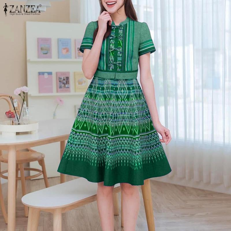 ZANZEA Women Stand Collar Casual Short Sleeve Retro Print A-line Dress
