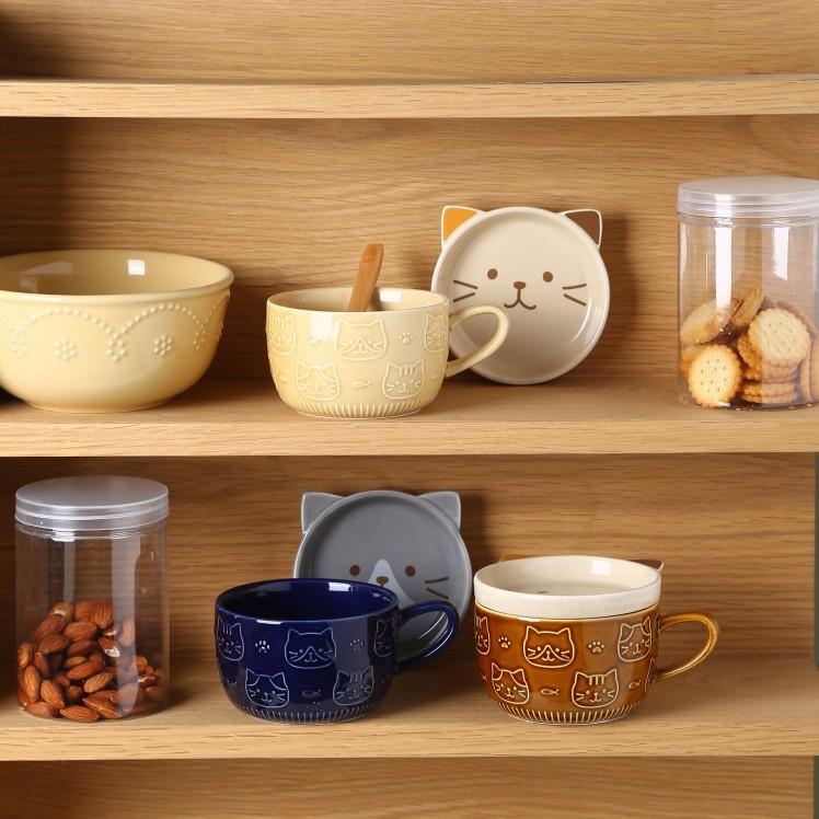 Super Cute Creative Cute Cat Ceramic Plate With Lid High Value Cartoon Student Milk Oat Cup Water Cup