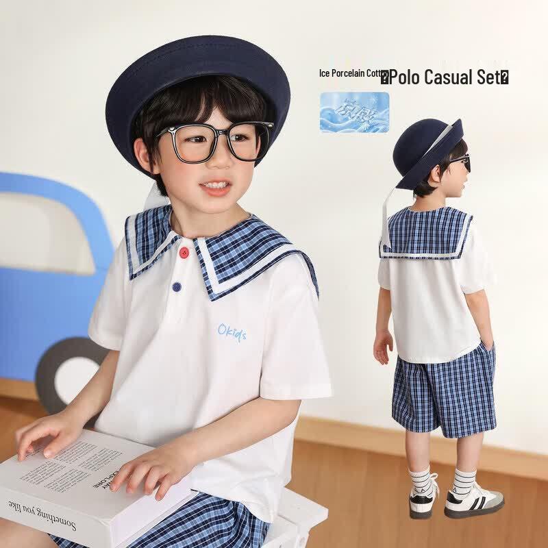 LUSON Boys Preppy Plaid Polo Shirt & Shorts Set 110