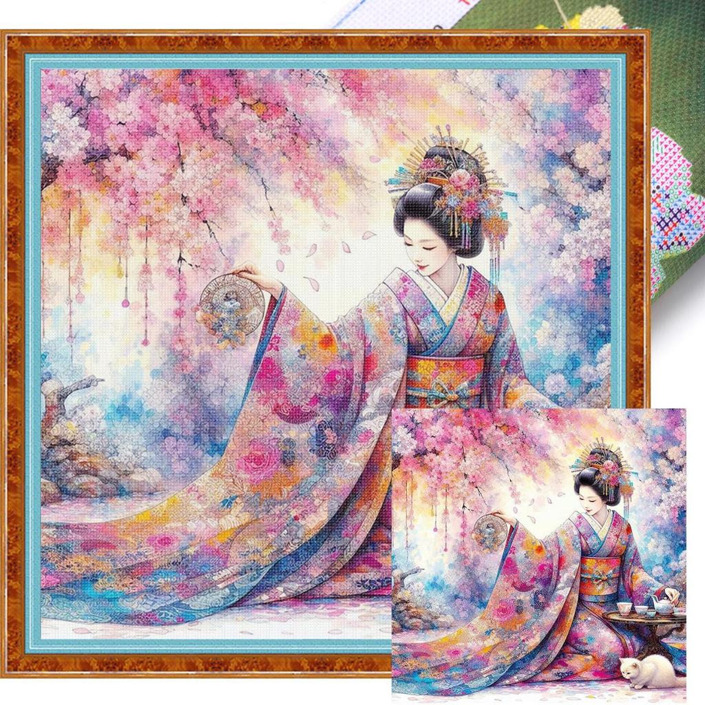 Girl Printed Cross Stitch Kit 45x45cm DIY 11CT Embroidery Craft Set Home Decor