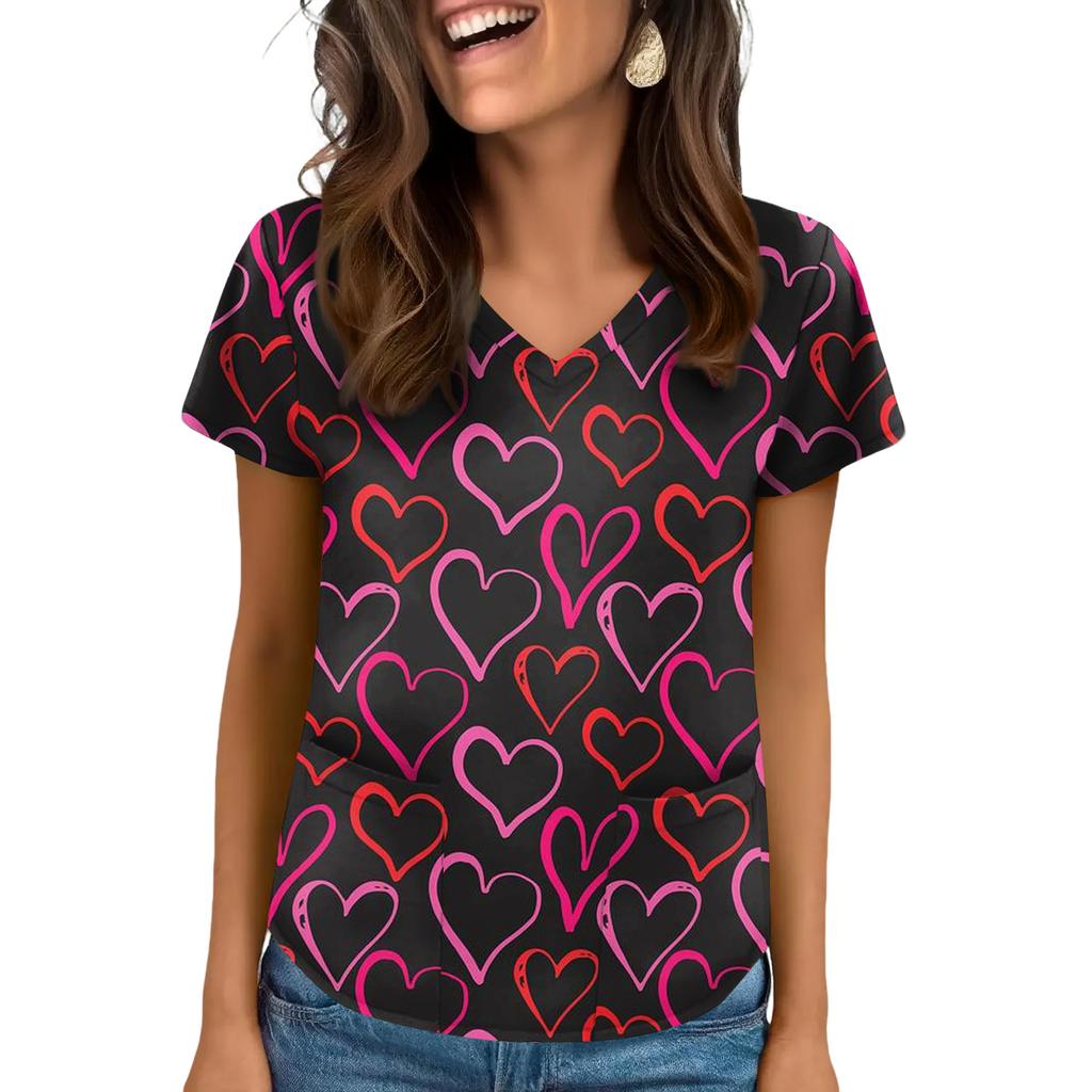 Damen V-Ausschnitt Valentinstag Bedrucktes Kurzarm-Top mit Taschen und Seitenschlitzen, geeignet für Pflegekräfte.