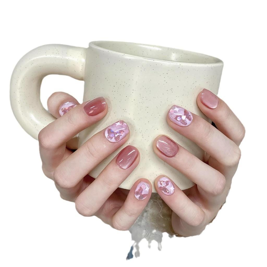 100% HANDMADE Short Round Fake Nail With Glue Short Aurora Butterfly Acrylic Press on Artificial Fake nails Reusable Nails