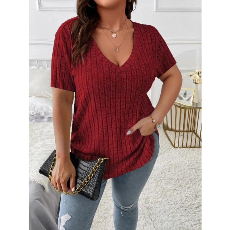 QICED Camicette e camicie da donna con scollo a V, maniche corte, stampa tinta unita casual alla moda