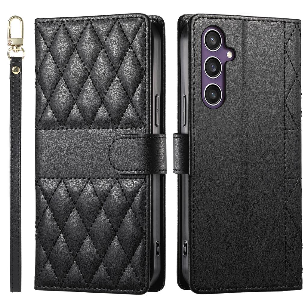 For Samsung Galaxy S23 FE Case Rhombus Stitching Wallet Stand Leather Phone Cover with Long/Short Strap