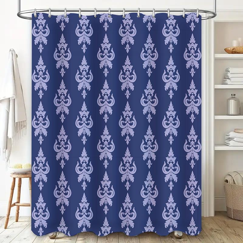 Blue Damask Shower Curtain Set Bathroom Decor Waterproof Fabric 2
