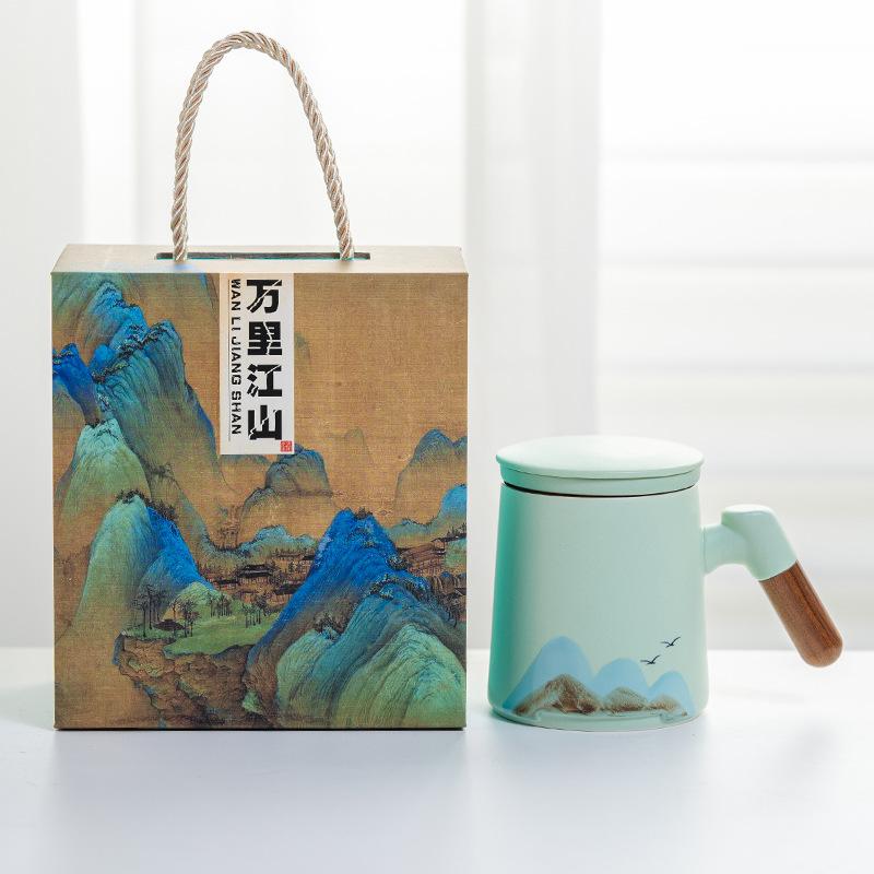 Guochao Holzgriff Yuanshan Keramiktasse mit Deckel Qianli Weißporzellan Jiangshan Büro Tee- und Wasserseparation Geschäftsgeschenk
