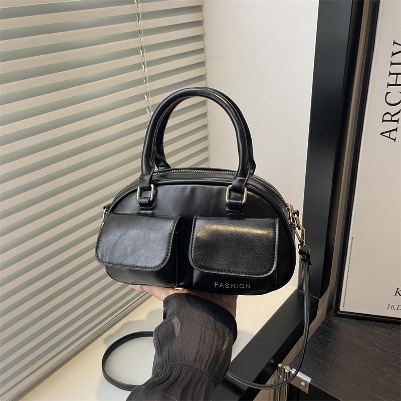 Autumn Retro Double Pocket Design Shoulder Bowling Bags for Women Solid Color Ladies Crossbody Bag Simple Female Pu Handbags