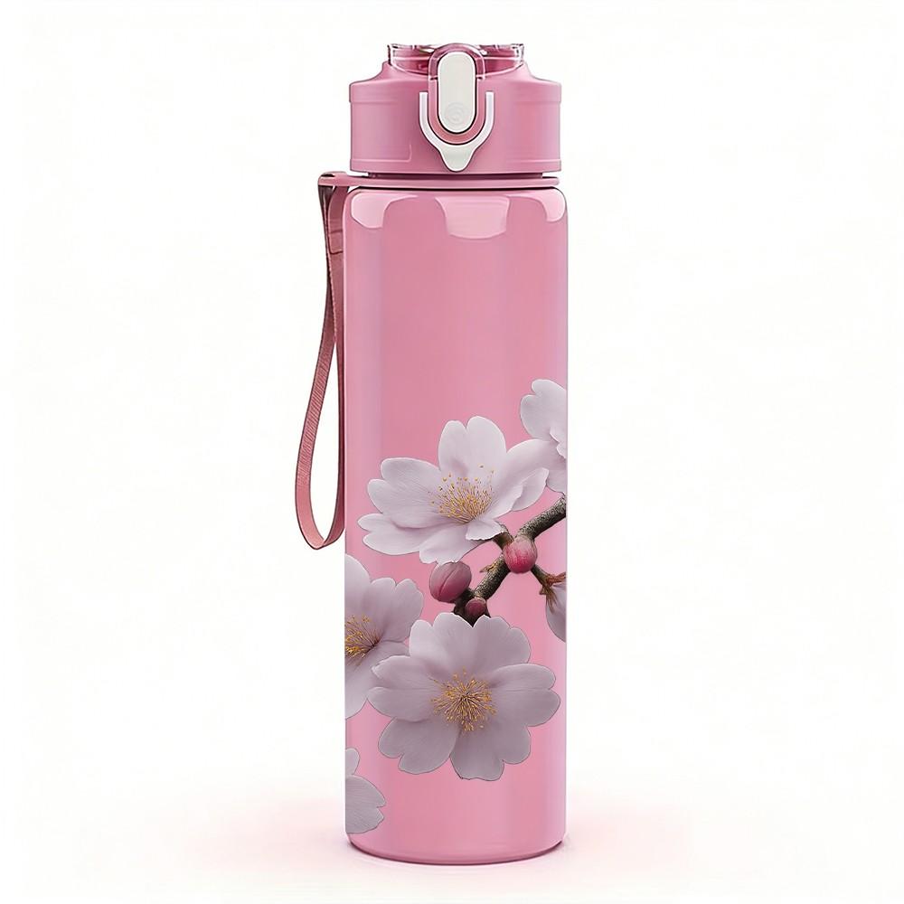 1PC Cherry Blossom Twig Floral Layout 750ml Color Plastic Sports Water Bottle Leakproof Flip Straw Lid For Sports Office Home Use