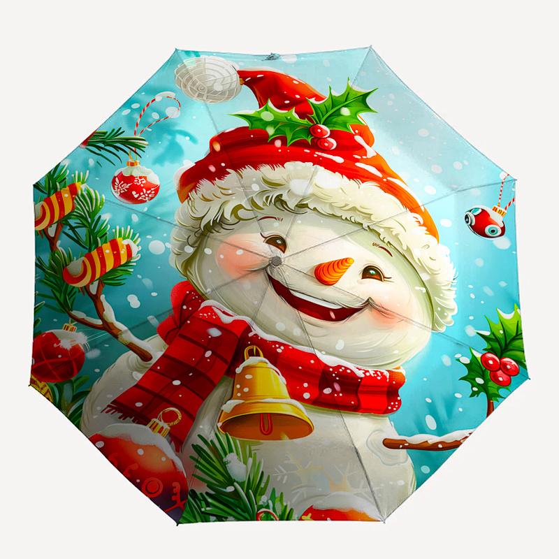 Snowman, Christmas Theme 8 Bone Hand Automatic Folding Umbrella, Compact and Portable Design, A Perfect Gift for Birthday, Christmas or Busi
