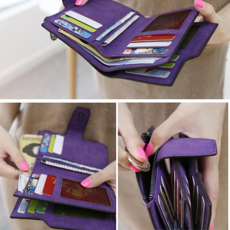 Dámská krátká peněženka z nubukové kůže, třídílná, s klipem na bankovky, mincovkou, více přihrádkami na karty, držákem na kreditní karty, skládací, na zip, jednobarevná, taška na peníze