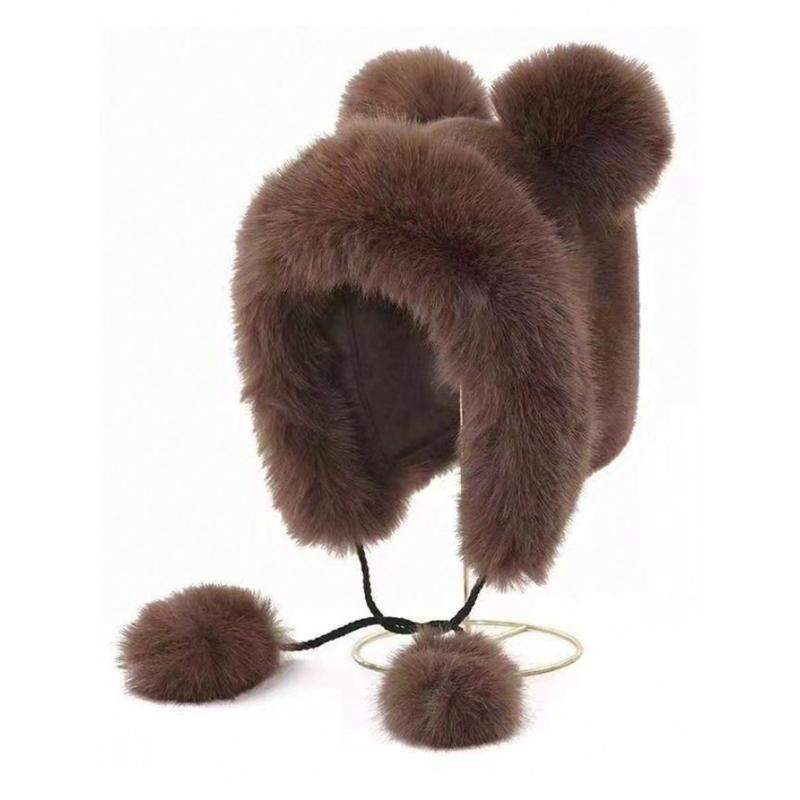 

Ladies Cute Fluffy Tassel Ball Pom Pom Design Bucket Hat With Kitten Ears Lei Feng Hat, Warm Outdoor Casual Cute Hat