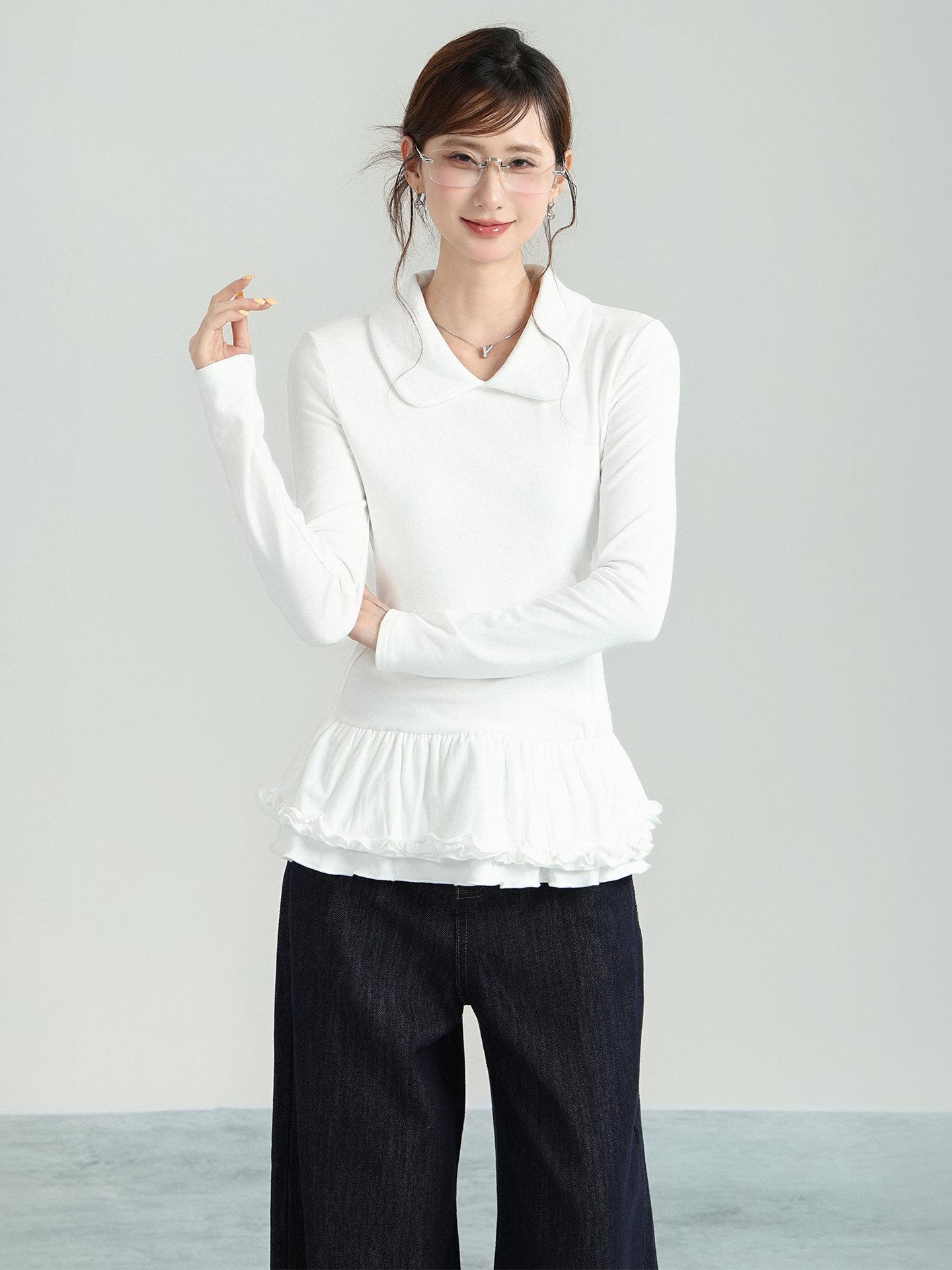 

Sweet polo collar lace hem long-sleeved polished t-shirt women s autumn and winter new design inner bottom top S белый