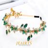 JEAIRTS Green Rhinestone Headband Gold Leaf Wedding Headpiece Bridal Crystal Beaded Hair Pieces Glitter Bride Hair Accessories for Women
