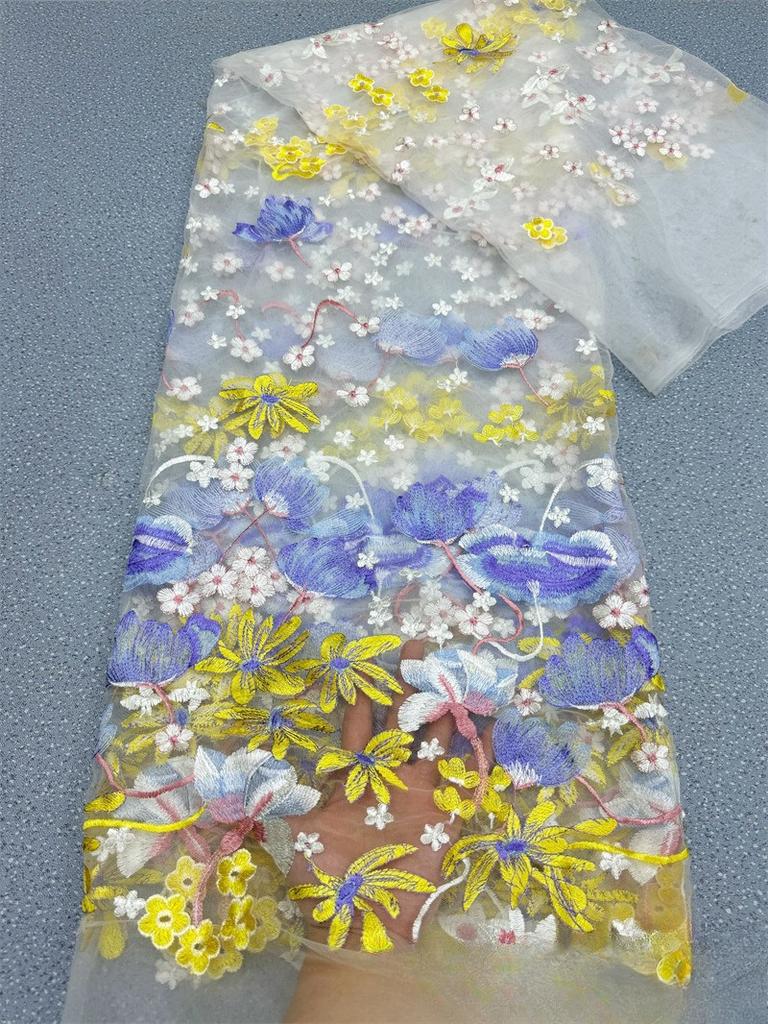1/3/5yards Flower Embroidery Fabric Soft Tulle Nigerian Lace Fabrics Bridal Wedding Dress Cheongsam Prom Dress Applique Crafts