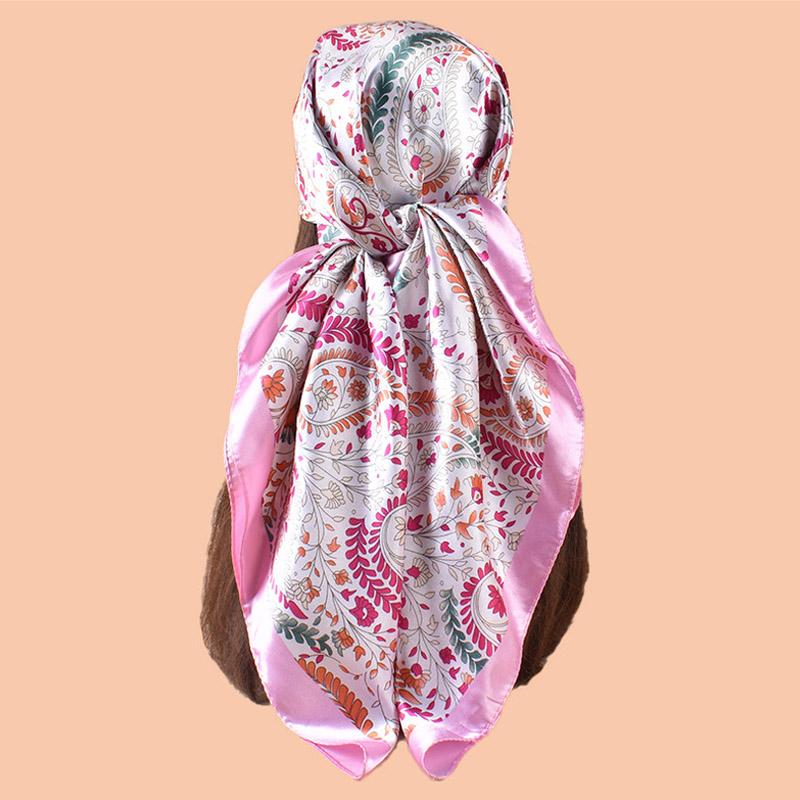 New Women Paisley Print Square Scarf Soft Satin Bandana Vintage Windproof Head Wrap Shawl Imitation Silk Travel Beach Towel 90X90cm