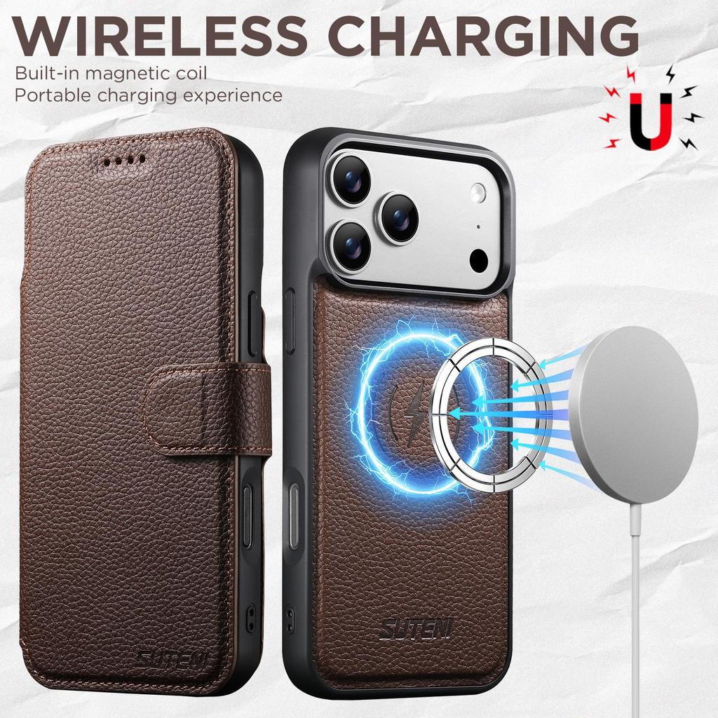 IPhone 17 Pro Flip-Hülle mit Kartenfach: Magnetisch, Kabelloses Laden, Zwei-in-Eins-Ständer, Farbblock-Leder.