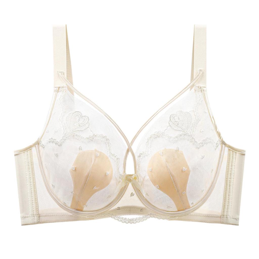 French Style Ultra-Thin Breathable Large Bust Minimizing Push-Up Bra with Soft Underwire and Rabbit Ear Crystal Cup