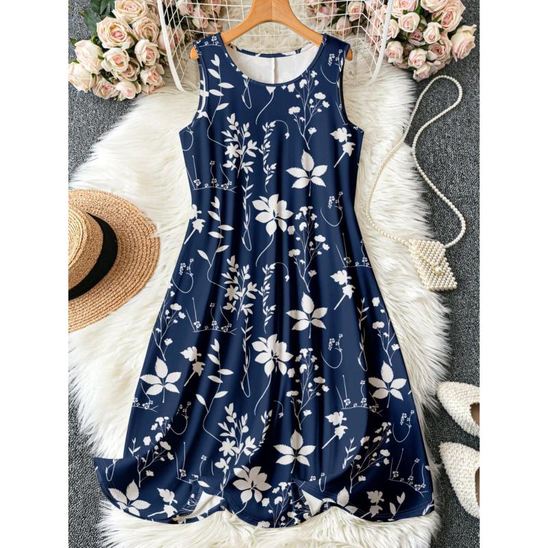 Women's Summer Sleeveless Mid Dress Crew Neck Sleeveless Printed Beach Dress