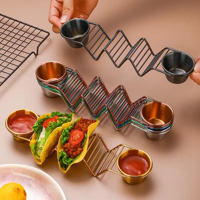 Stainless Steel Taco Holder Set Taco Shell Holder Stand with 2 Sauce Cups Taco Stand Hold 3 Tortillas Kitchen Gadget