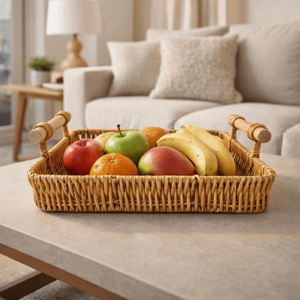 Plastic Imitation Rattan Storage Basket Handmade Space Saving Handwoven Rattan Basket Rectangular with Wooden Handle