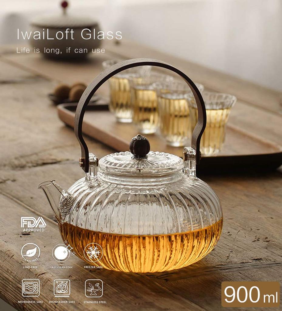 IwaiLoft Handmade Glass Teapot with Natural Wood Jumping Perfect for Black Fruit Loose Leaf Flower and Craft Half Can be Used Over an Open Large