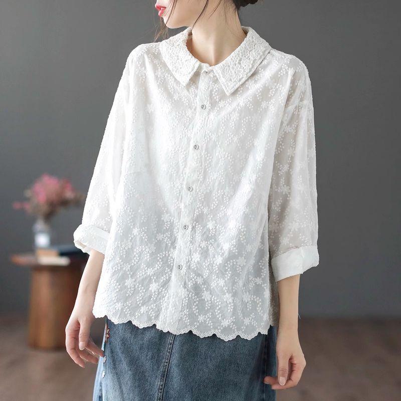 

Store Tail Order All Cotton Hollow Embroider Double Doll Collar Shirt Women s Autumn Temperament Youthful-Looking Pure Color Long Sleeves Shirt Pearl White L([57.50 kg-65.00 kg]])