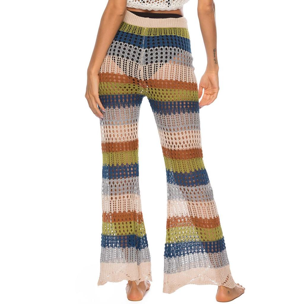 Women's Pants Flared Leg Hollowed Out Trousers Knitted Lace Up Beach Pants