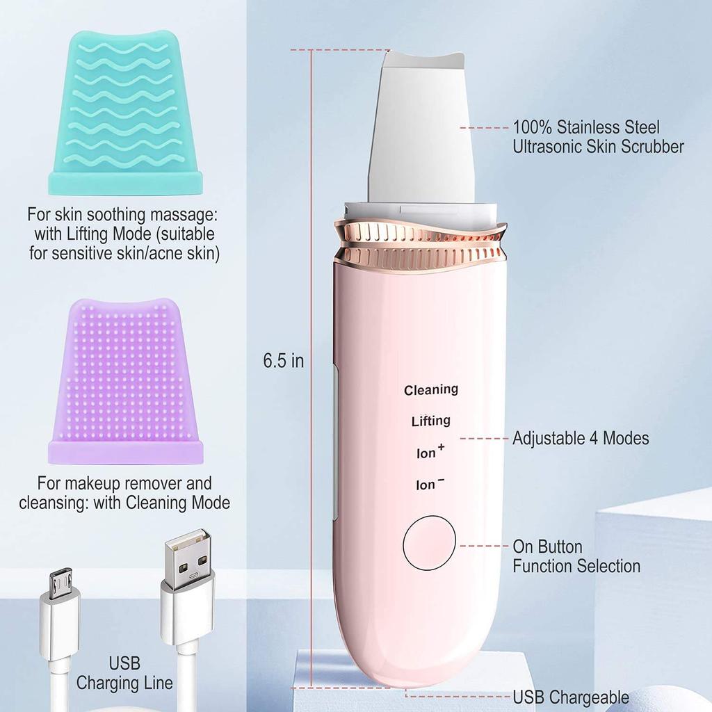 Beauty Device ABS Ultrasonic Skin Scrubber with EU Plug Face Spatula Blackhead Remover Pore Exfoliating USB Cable Facial