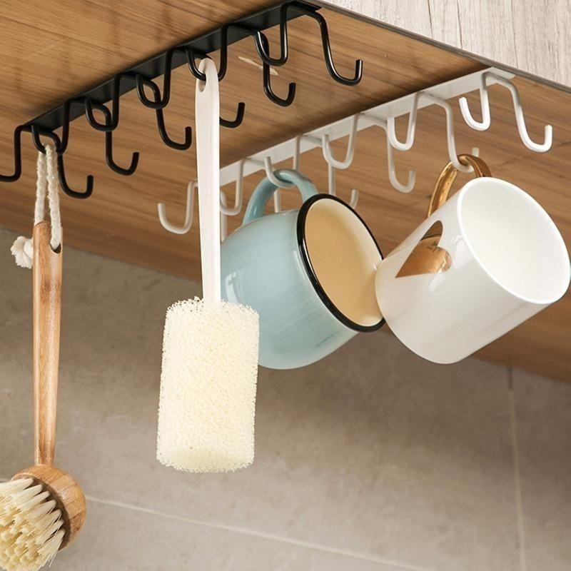 Multifunctional Double-Row Storage Hook Wardrobe Cabinet Metal Shelves Hanging Hooks Punch-Free Hanging Cup Holder Kitchen Tool