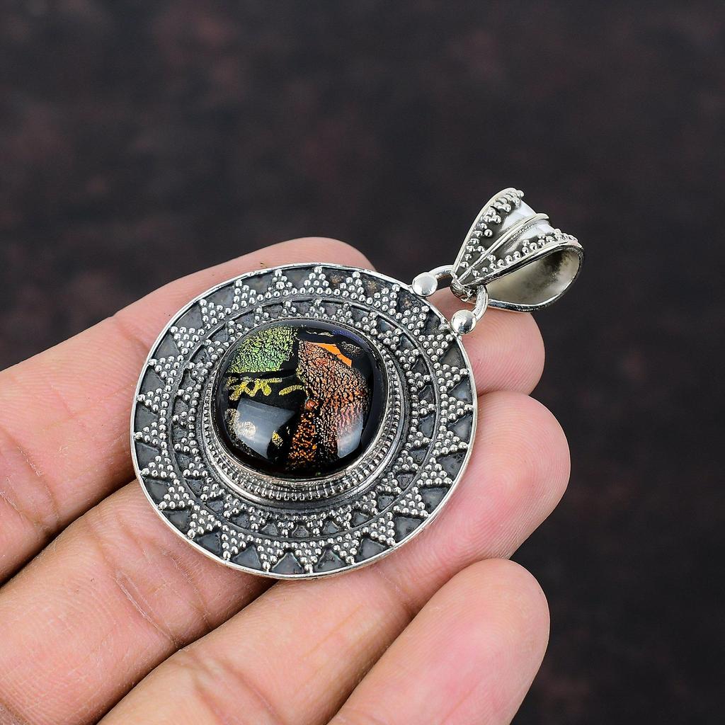 American Dichroic Glass Pendant Original Gemstone Jewelry 925 Sterling Silver Pendant Handmade Amazing Jewelry Vintage Pendant Gift For Wife