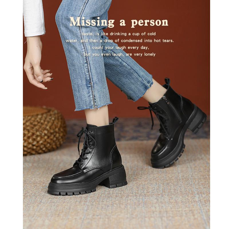 

9Cm Martin boots women s autumn and winter new small inner height increase thin boots thick-soled black short boots 38