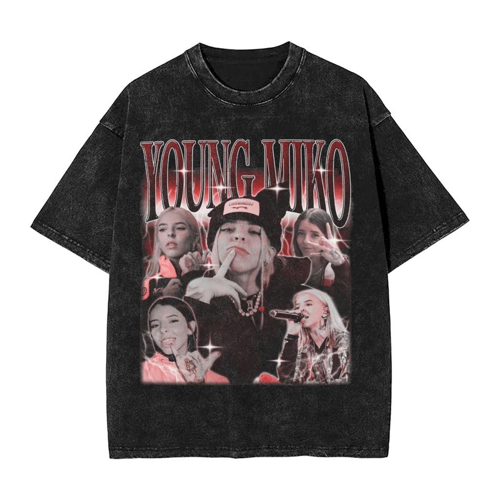 Washed T Shirt Young Miko Latin Trap Hip Hop Retro T-Shirt Oversize Streetwear Short Sleeve Graphic Tee Shirt for Men Women