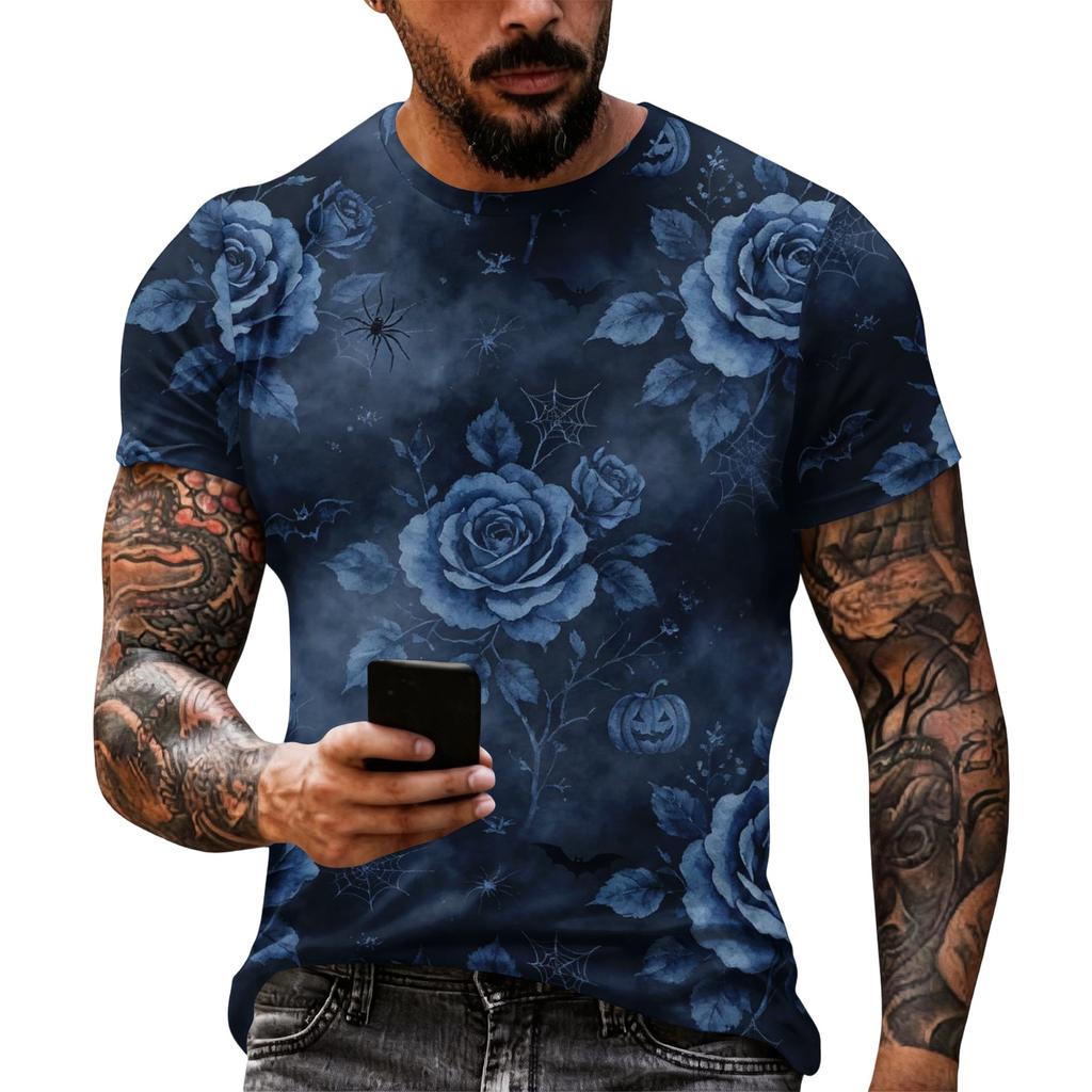 Men Halloween Graphic Short Sleeve T Shirt Casual Loose Fit Summer Daily Wear Top with Pumpkin and Spider Web Print