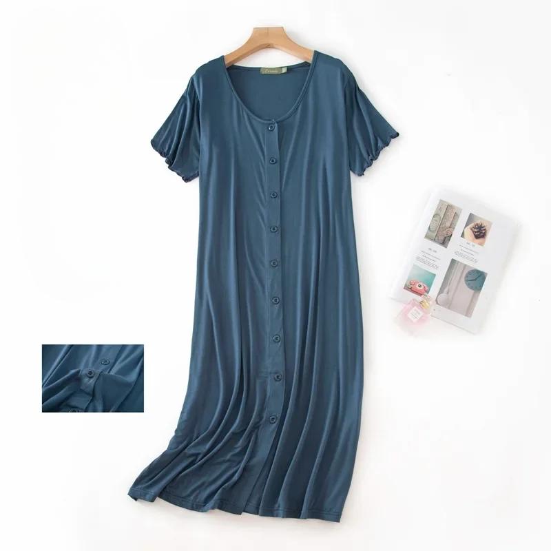 Modal Short-sleeved Mid-length Sleep Tops Night Dress with Button for Women Sleepwear Cotton Cardigan Plus Size Sleep Dress