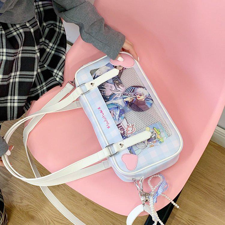 Japanese Kawaii Heart Plaid Ita Bag - Women's Transparent Crossbody with Pin Board