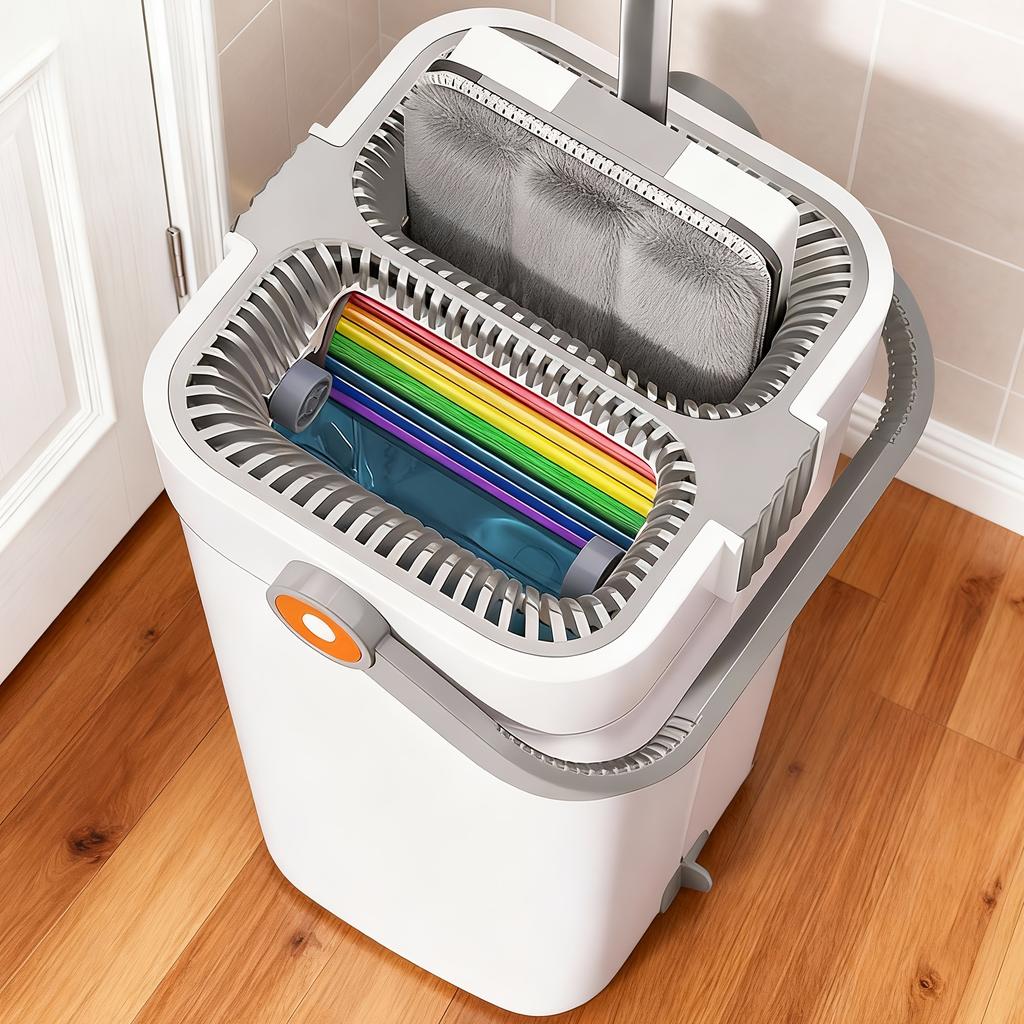 Microfiber Flat Floor Mop with Bucket Set. Square Bucket Body, Stainless Steel Handle, Household Cleaning System