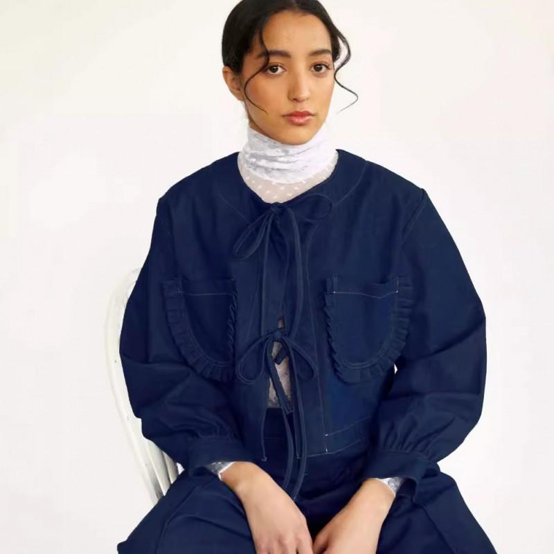 Womens Denim Jacket Fall Winter Street Style Loose Long Sleeve Lace Up Short Coat
