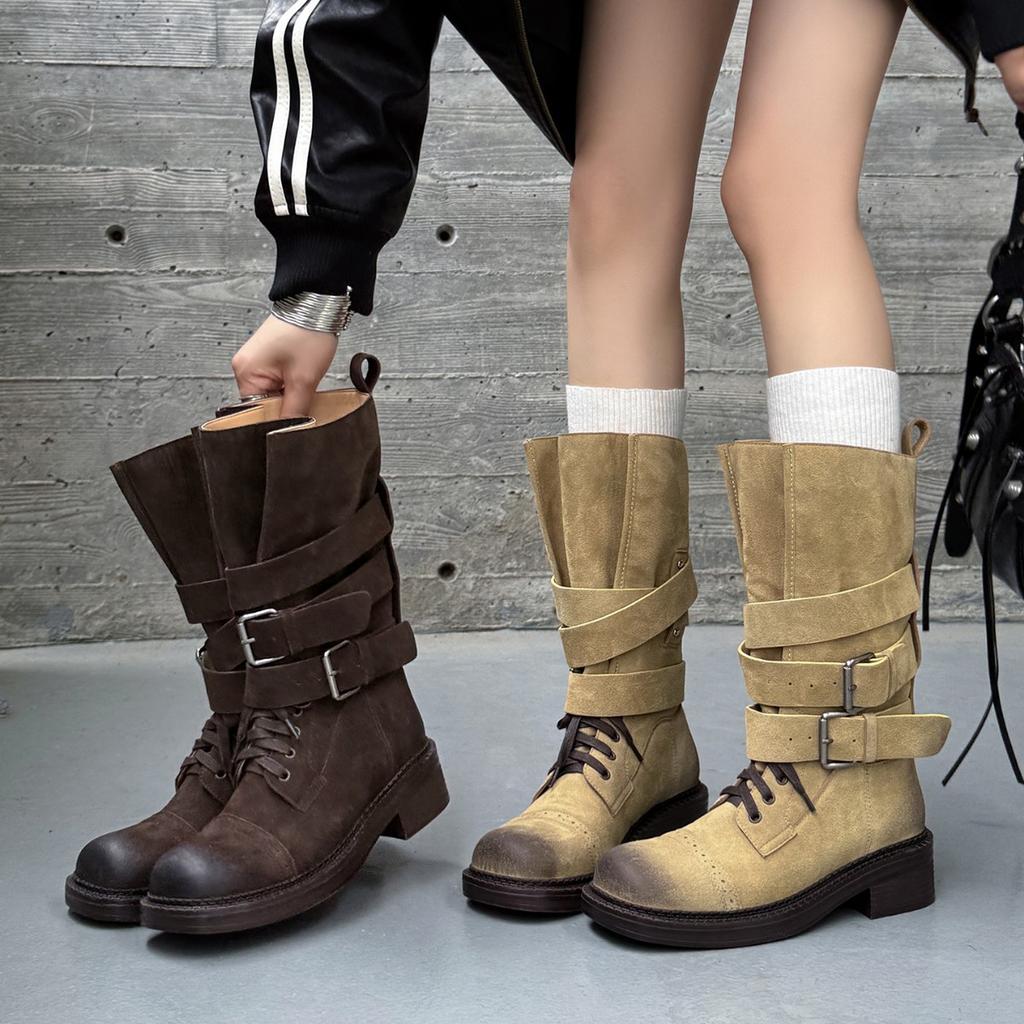Lan Cabinet 2025 autumn and winter new retro western cowboy boots women's versatile casual mid-tube boots niche locomotive boots