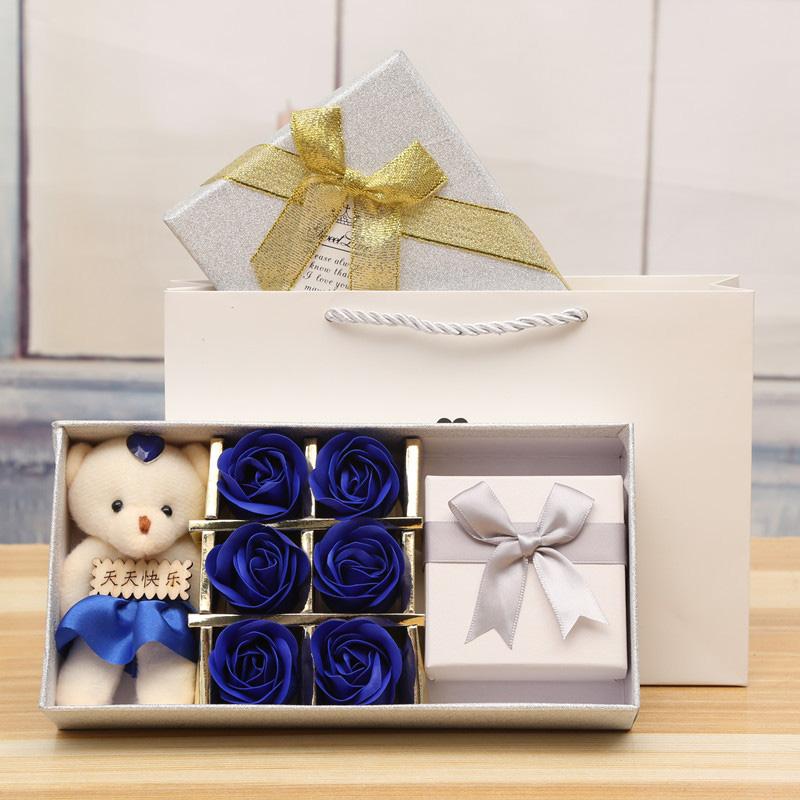 6pcs Romantic Rose Bear with Gift Box Soap Flower Heads Artificial Flowers Bathing Petals Box For Valentine's Day Wedding Gift