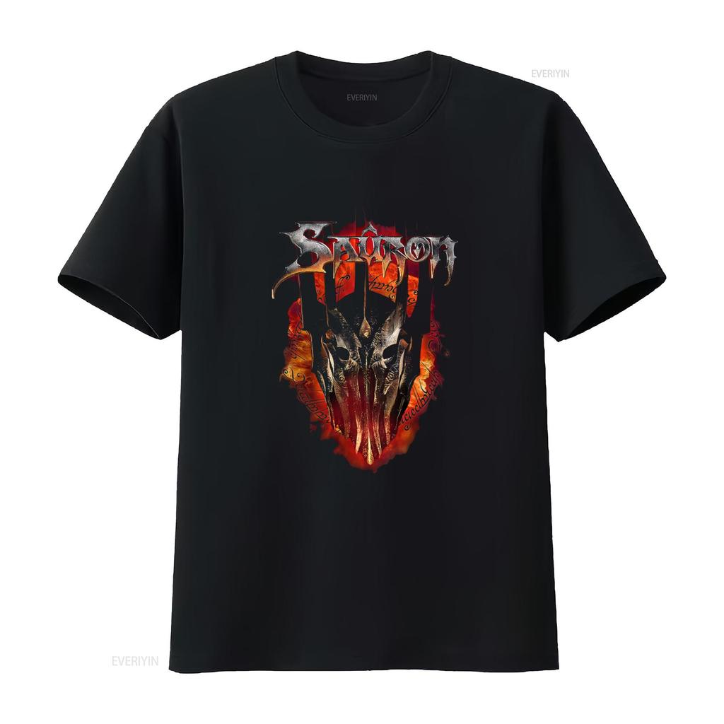 LOTR Sauron Metal Front Print T Shirt Black Gothic Fantasy Skull Design vintage Washed Top For Everyday Wear Slightly homme