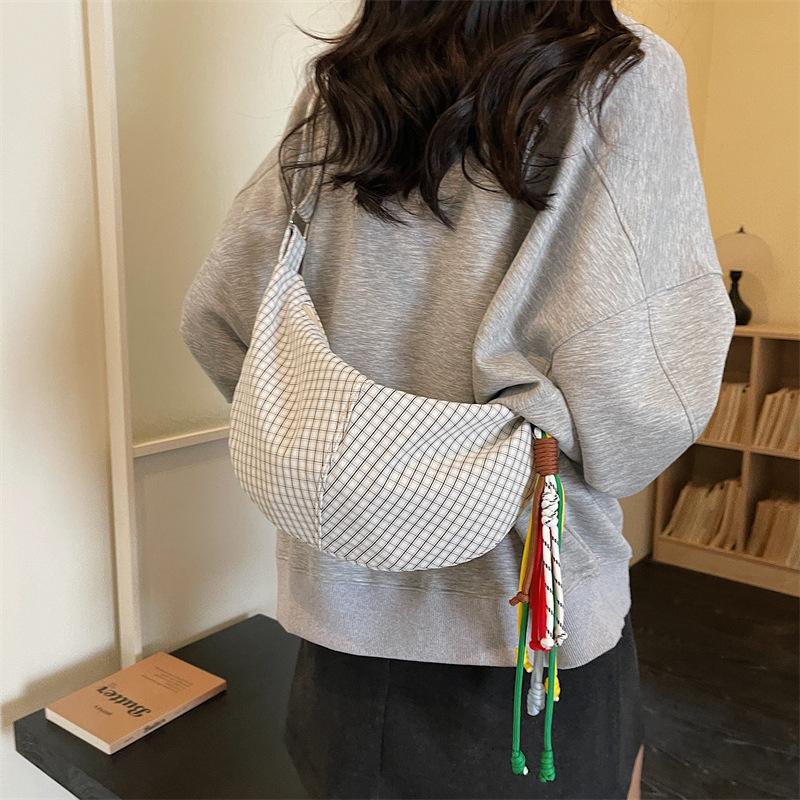 Simple Plaid Canvas Shoulder Bag Large Capacity Casual Crossbody Dumpling Shopping Bag Student Commute Niche Style